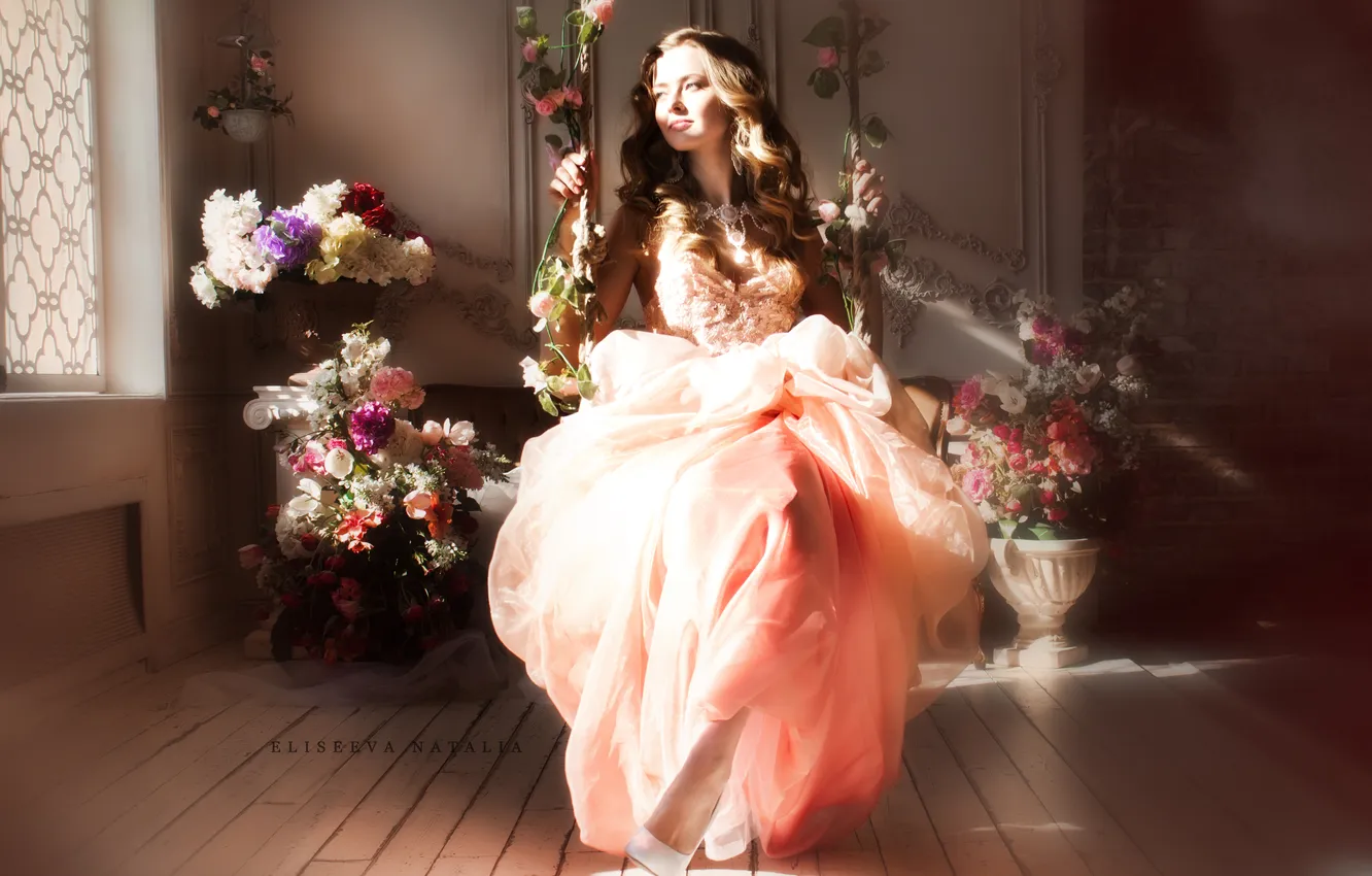 Photo wallpaper look, girl, light, flowers, face, swing, hair, roses