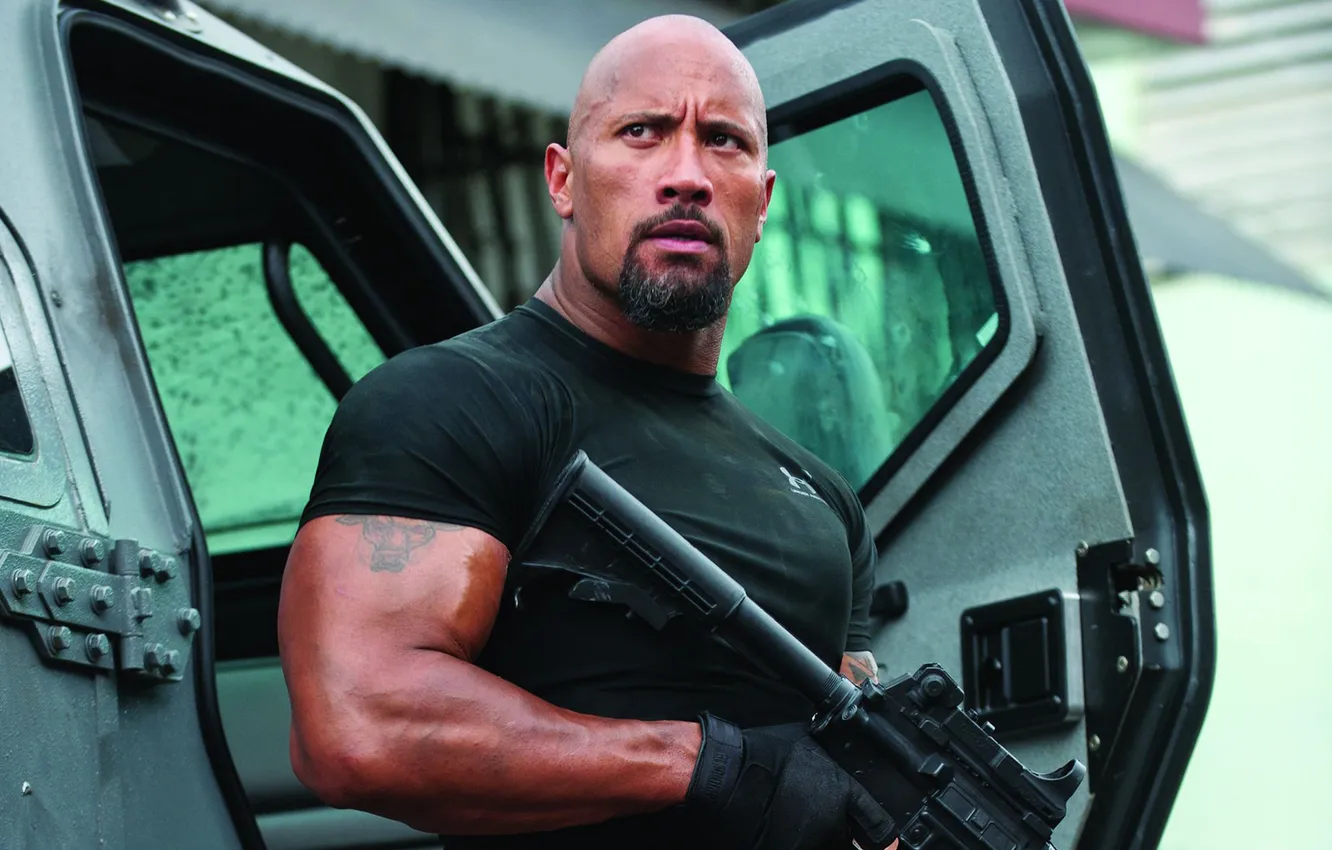 Photo wallpaper weapons, tattoo, t-shirt, machine, gloves, muscles, Dwayne Johnson, COP