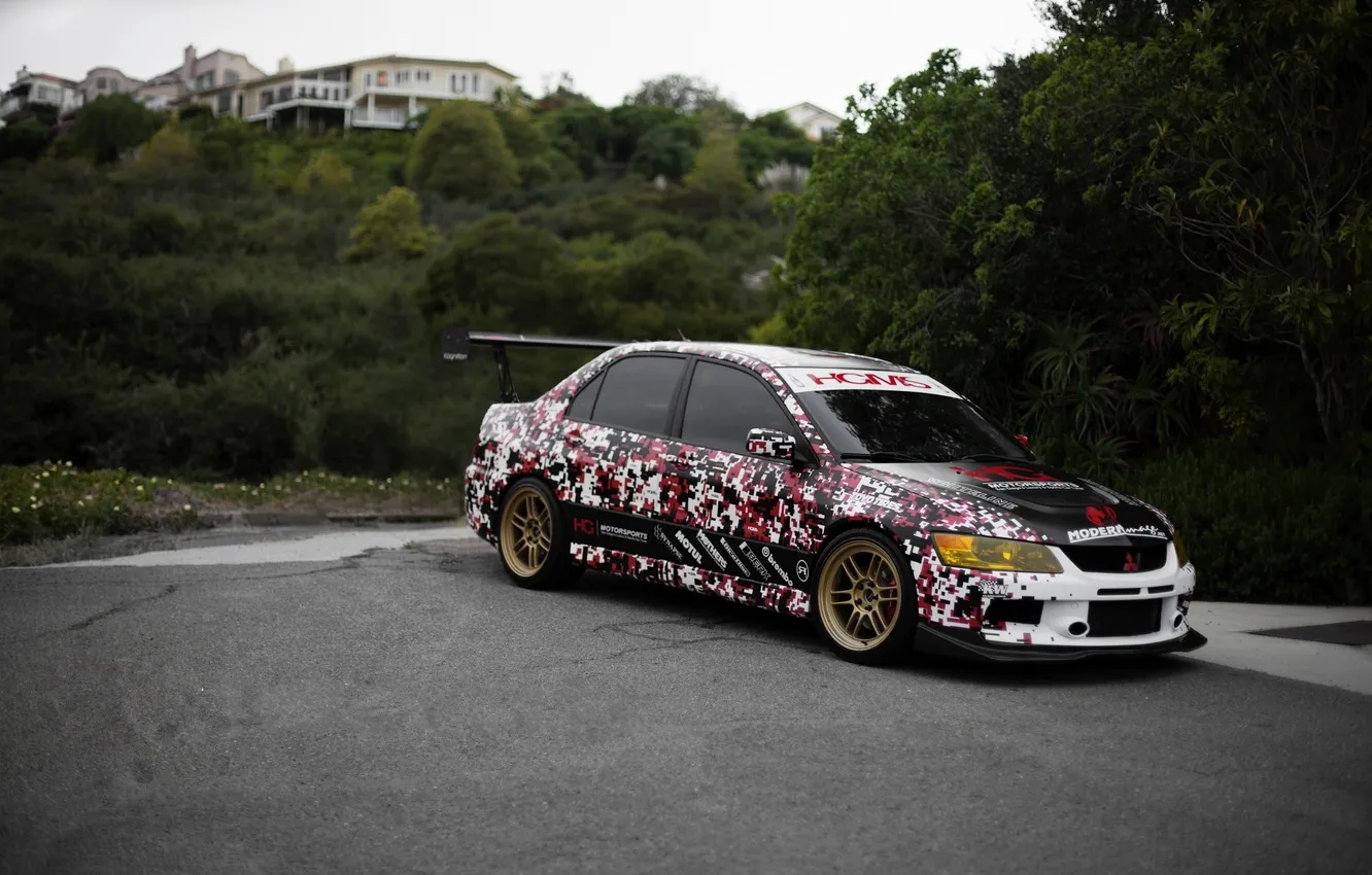 Photo wallpaper white, the sky, trees, red, hills, black, home, Mitsubishi