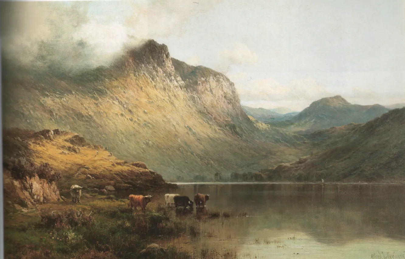 Photo wallpaper mountains, river, BREANSKI, BEN AN, buffaloes drink