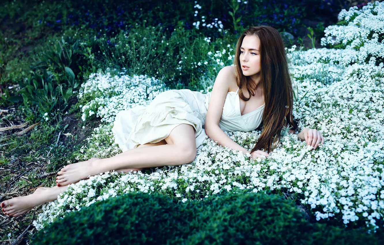 Photo wallpaper grass, girl, flowers, sweetheart, dress, legs, beautiful, long-haired