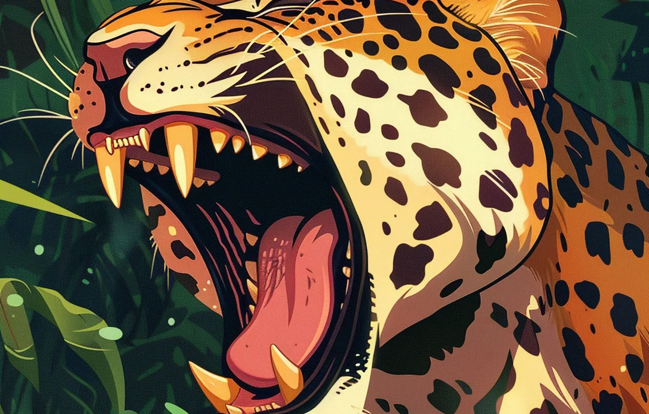 Photo wallpaper Language, Leaves, Jaguar, Mouth, Fangs, Face, Predator, Art