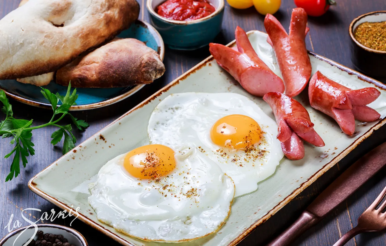 Photo wallpaper sausage, eggs, bread, scrambled eggs