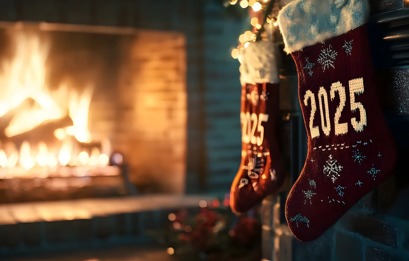 Photo wallpaper lights, new year, figures, fireplace, date, bokeh, 2025, gift socks
