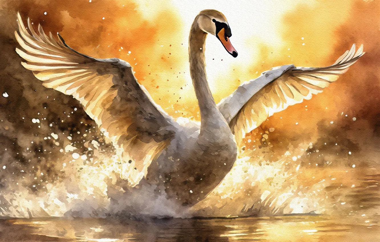 Photo wallpaper bird, wings, painting, swans, stroke, imitation painting, AI art, neural network