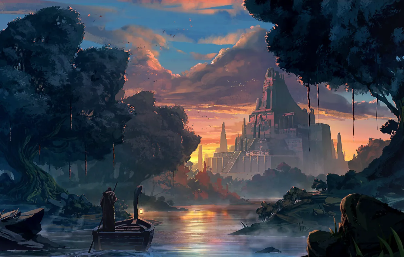 Photo wallpaper Sunset, The city, River, People, Boat, Palace, Dawn, Fantasy