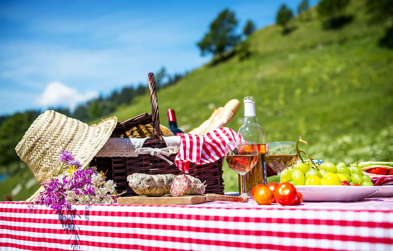Photo wallpaper nature, wine, basket, hat, grapes, picnic, tomatoes, sausage