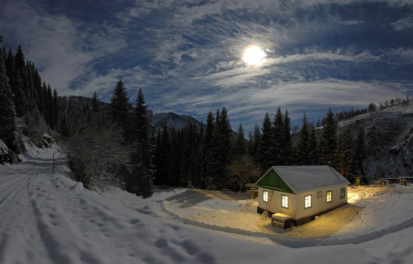 Photo wallpaper winter, forest, light, snow, night, the moon, house