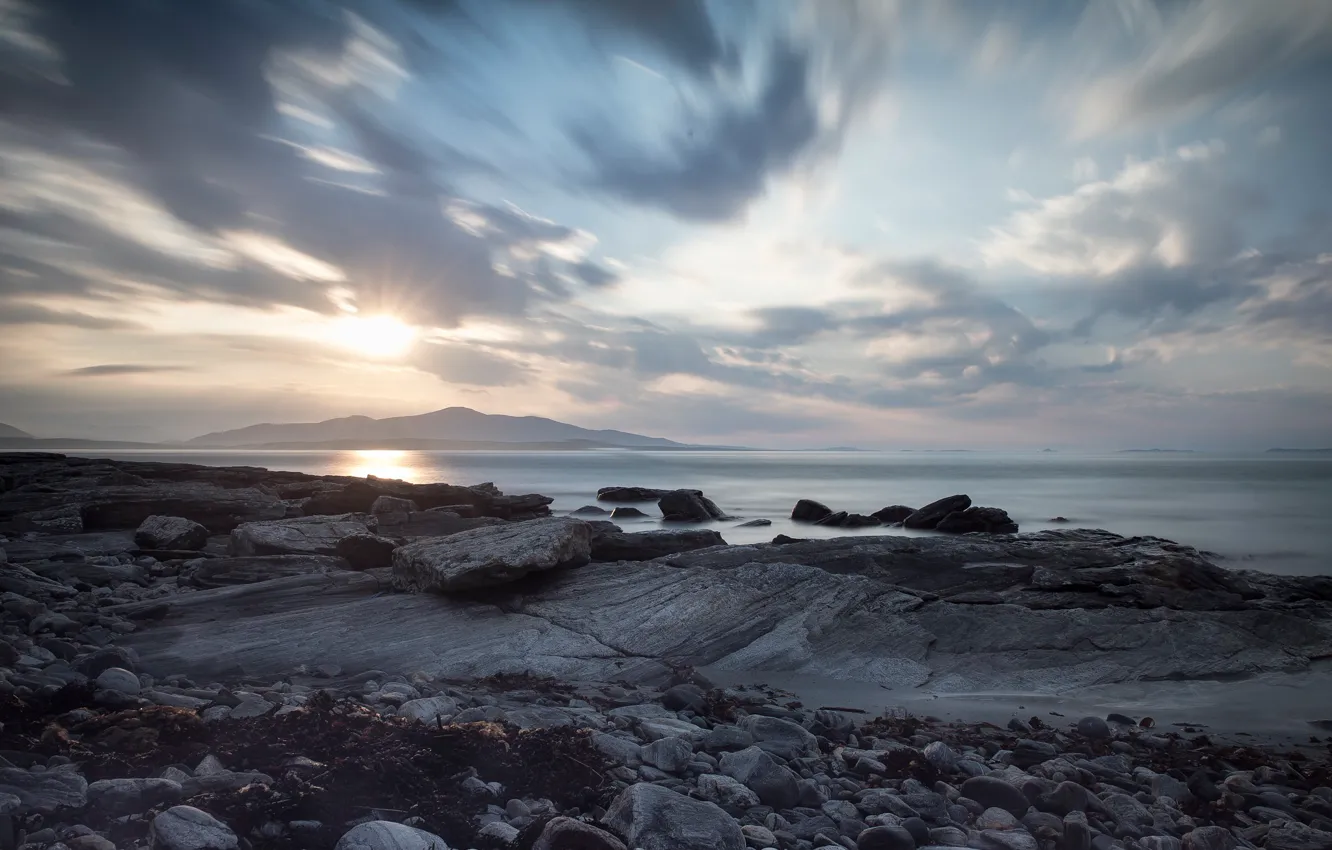 Photo wallpaper sea, beach, the sky, the sun, clouds, rays, light, mountains