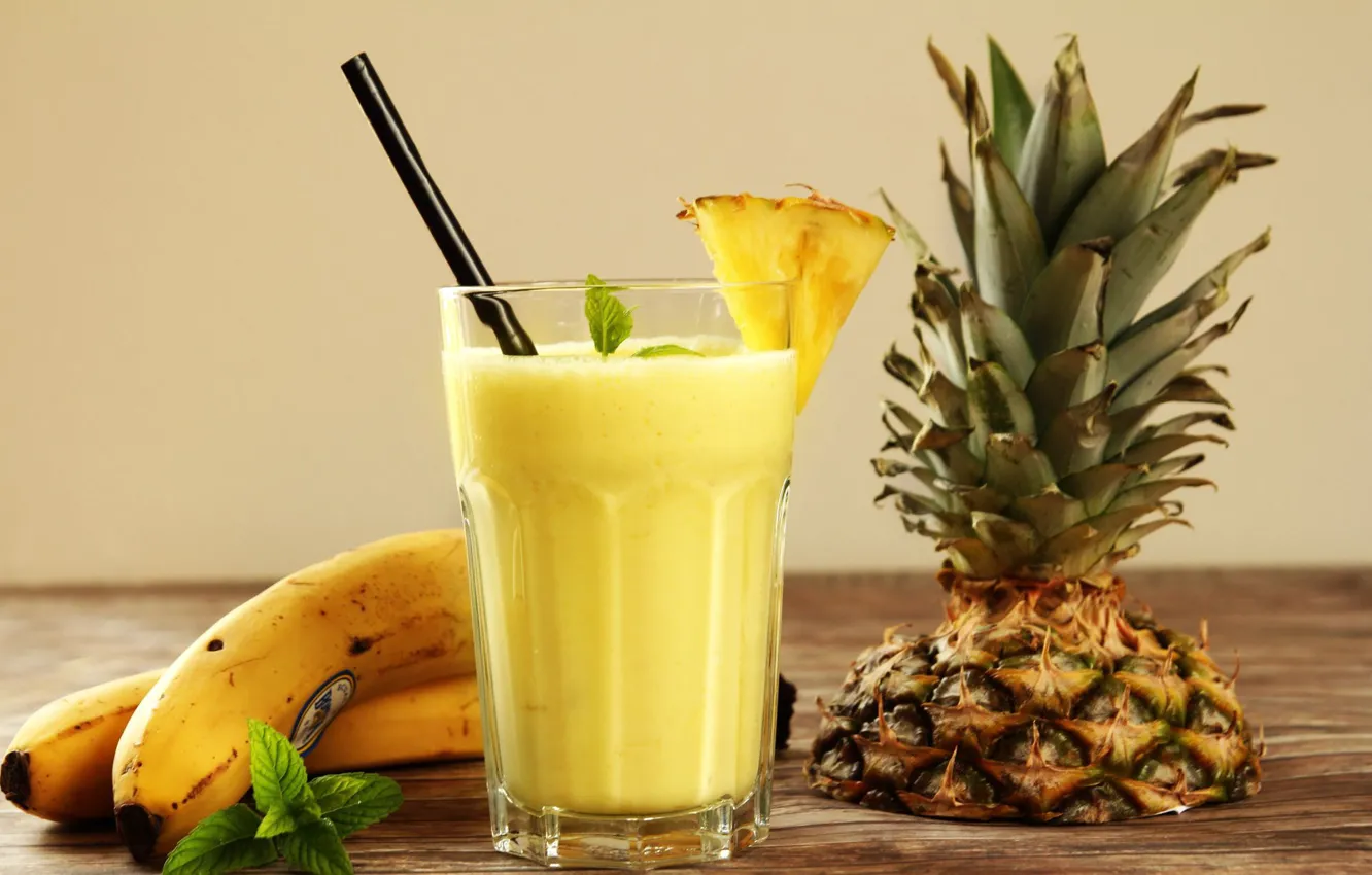 Photo wallpaper glass, juice, bananas, tube, drink, fruit, pineapple, mint