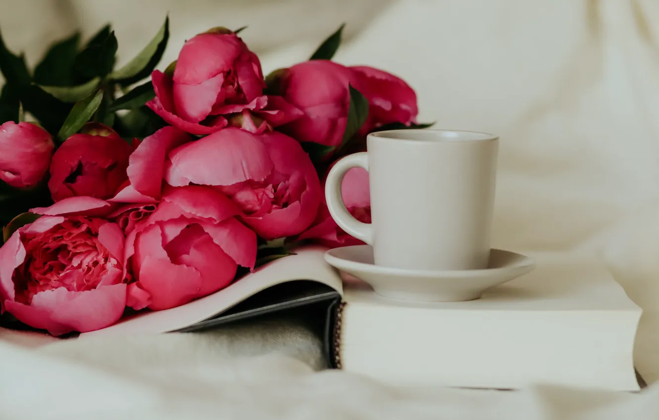 Photo wallpaper flowers, Cup, book, peonies, Taisiya Shestopal