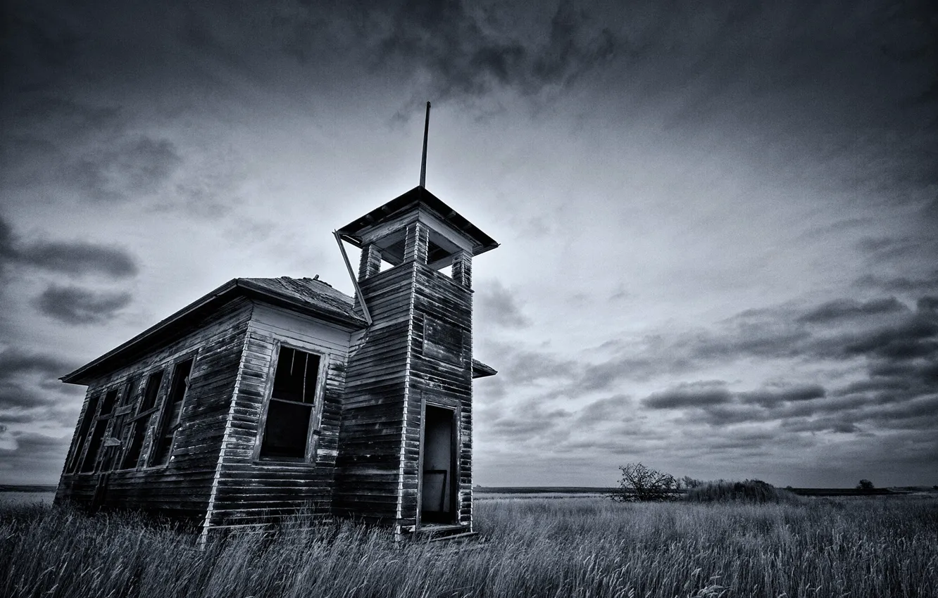 Photo wallpaper field, the sky, home, black and white