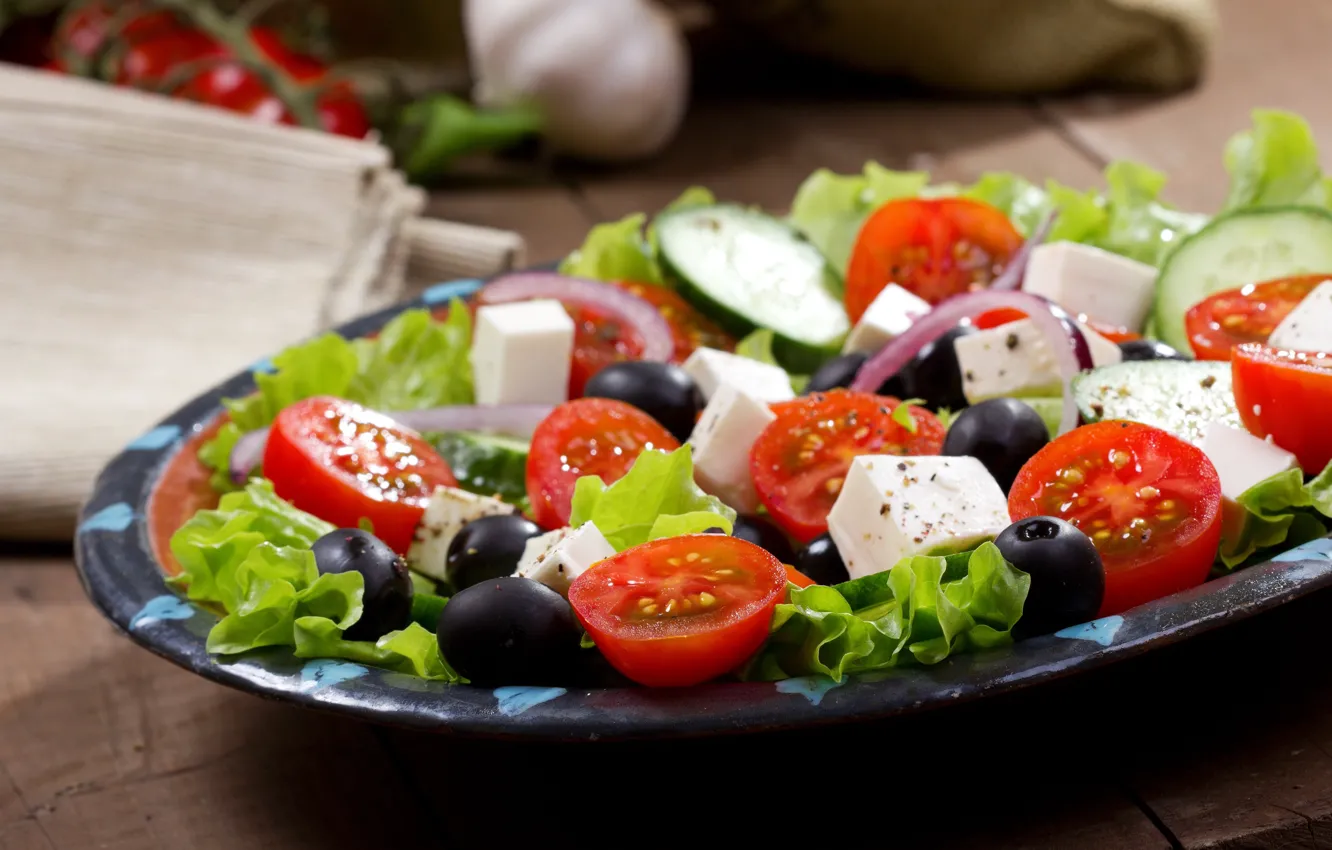 Photo wallpaper bow, tomato, salad, olives, Greek, cheese