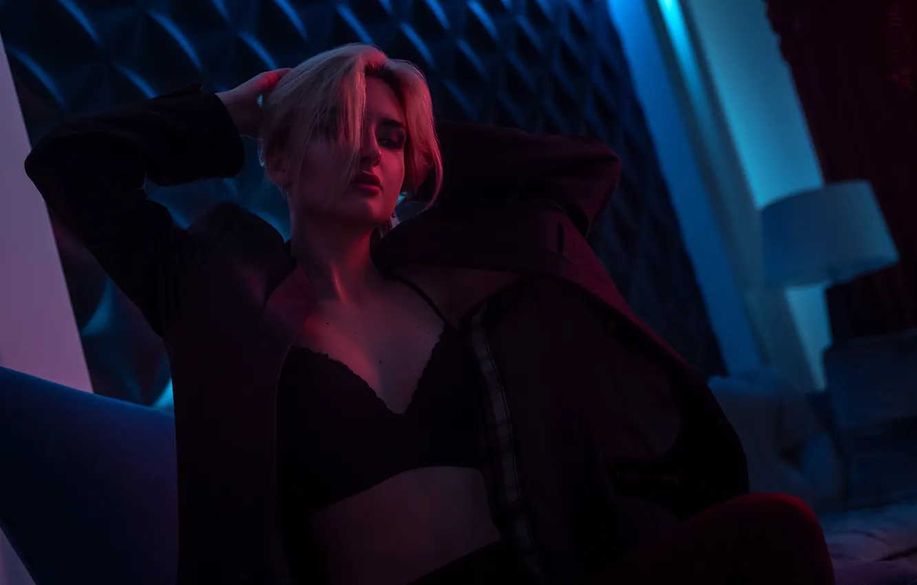 Photo wallpaper girl, pose, hands, twilight, jacket, bra, Angelina, Sanya Tupikin