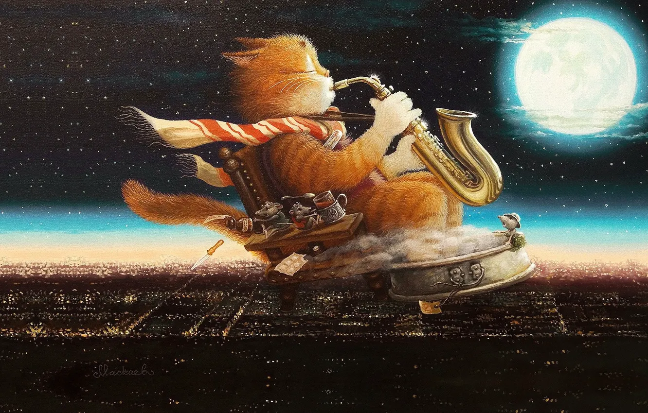 Photo wallpaper cat, night, the moon, figure, tale, art, children's, Tales of the cat Kuzma