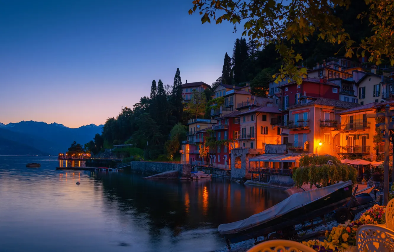Photo wallpaper landscape, mountains, lake, building, home, the evening, Italy, Italy