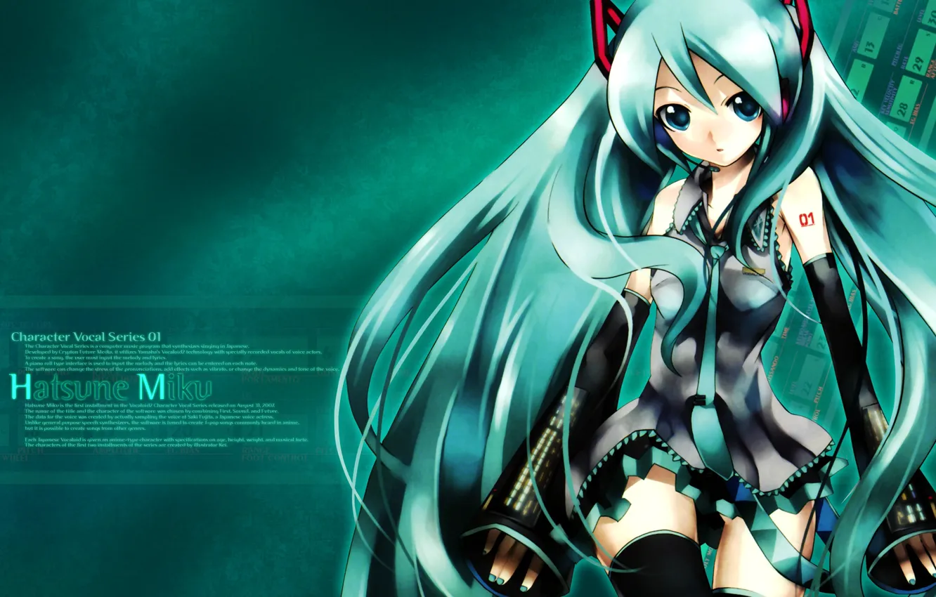 Photo wallpaper text, tie, vocaloid, Hatsune Miku, Vocaloid, blue hair, mini skirt, Hatsune Miku