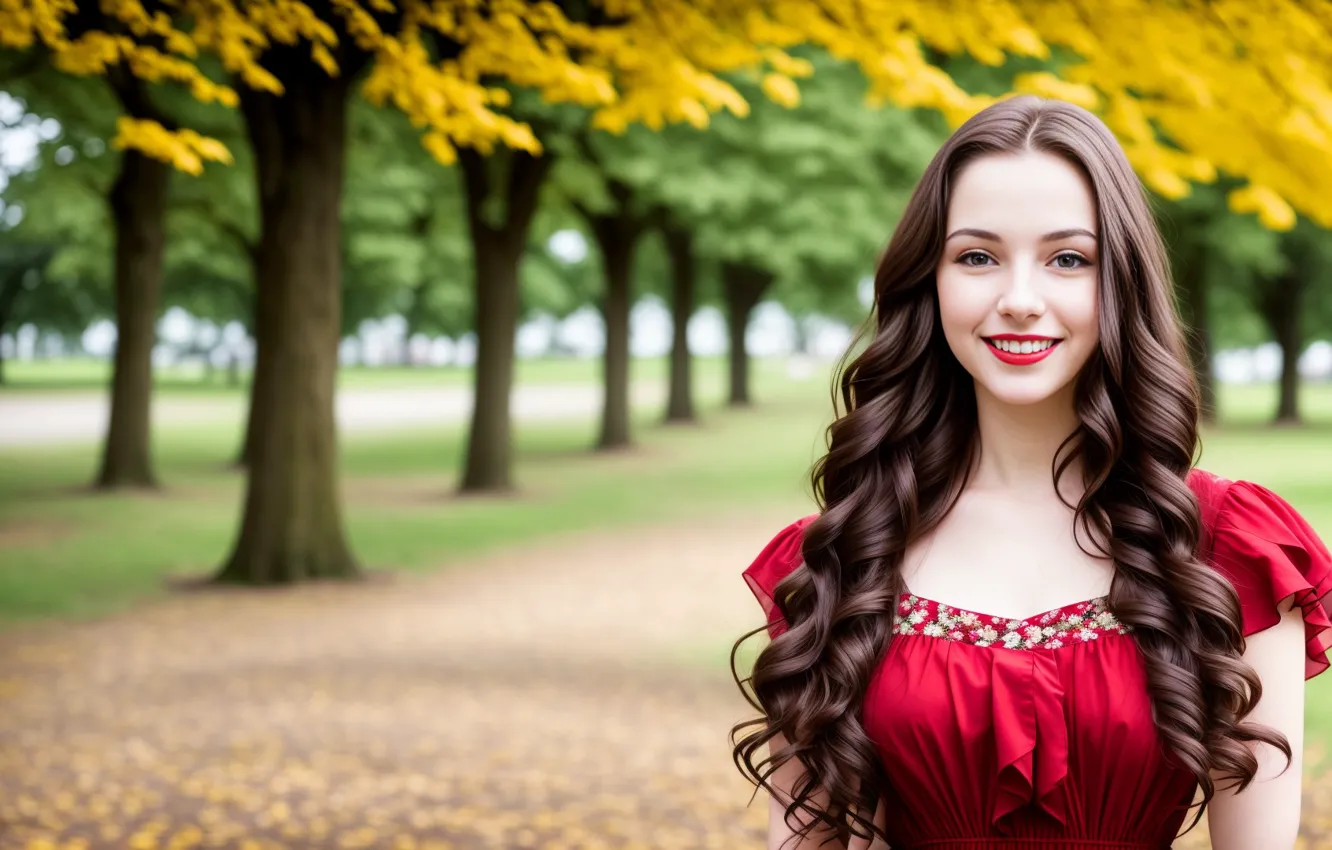 Photo wallpaper dress, trees, nature, park, women, brunette, smiling, red dress