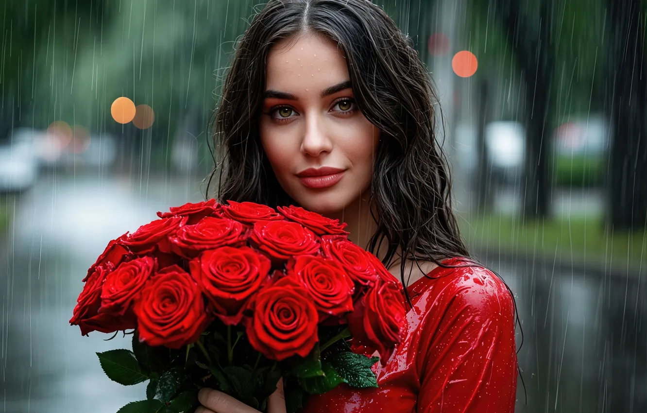 Photo wallpaper look, city, the city, rain, beauty, alley, a bouquet of flowers, rain