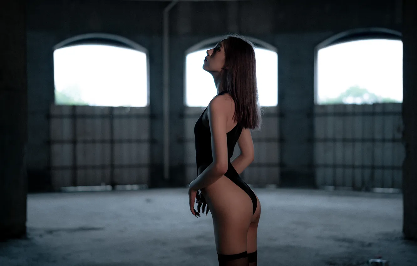 Photo wallpaper Asian, black stockings, women, profile, standing, skinny, side view, straight hair