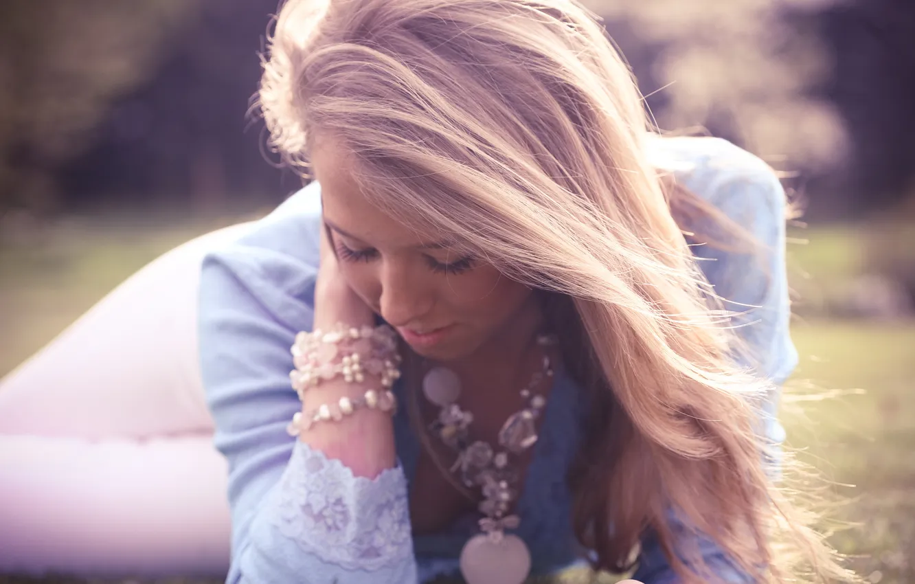 Photo wallpaper girl, hair, light, on the grass, Olivia Bell