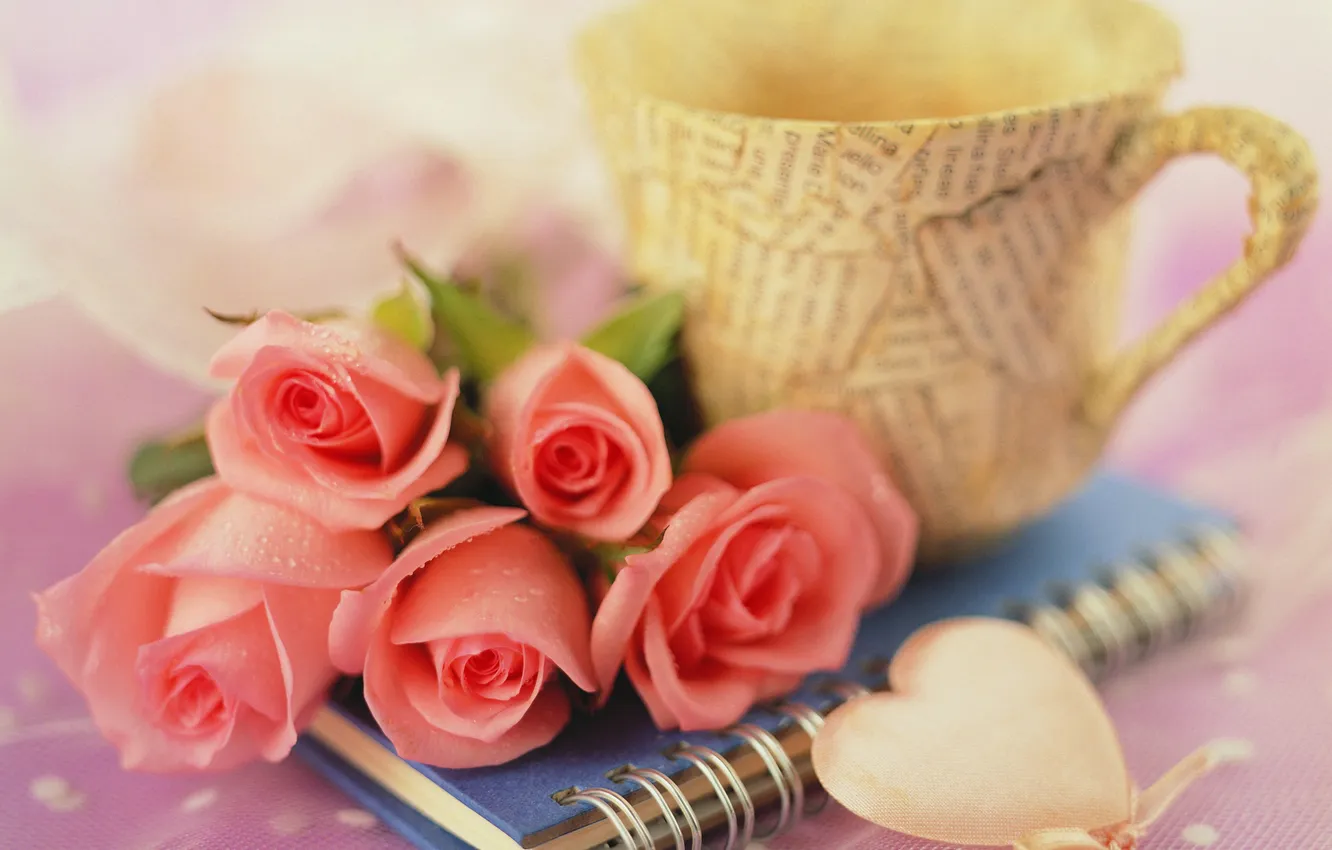 Photo wallpaper flowers, heart, roses, bouquet, Cup, Notepad