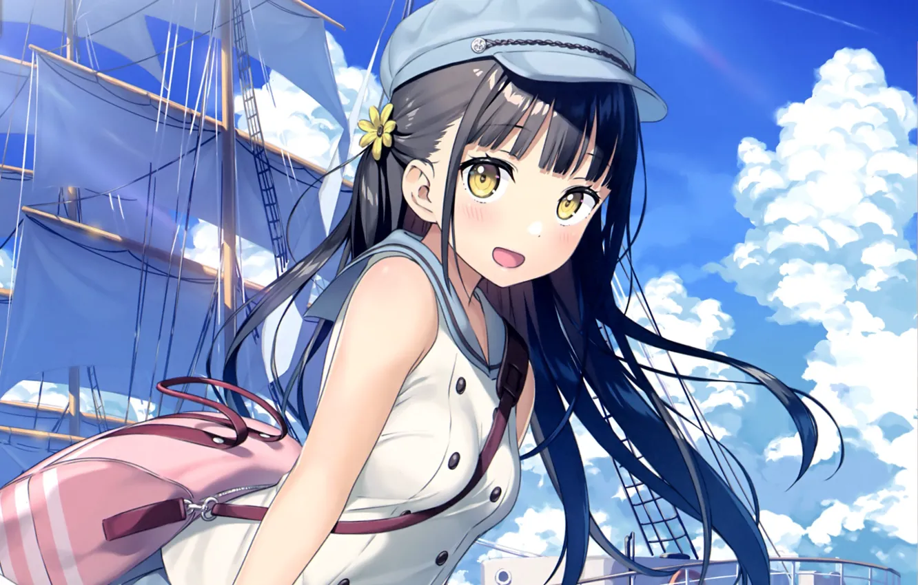 Photo wallpaper sail, Nagisa, on the ship, cap, bag, clouds, mast, by Kantoku