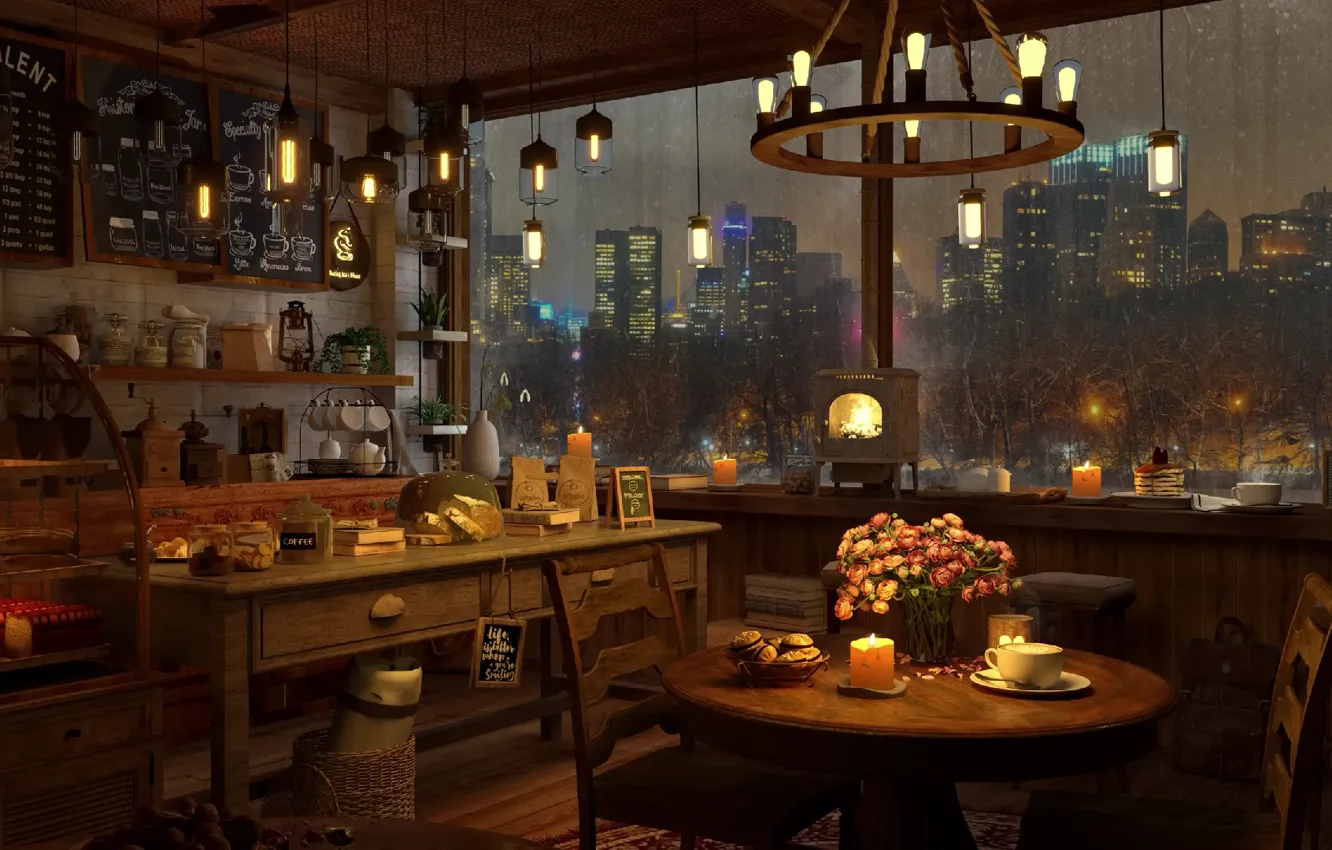 Photo wallpaper city, lights, rain, night, cakes, cake shop