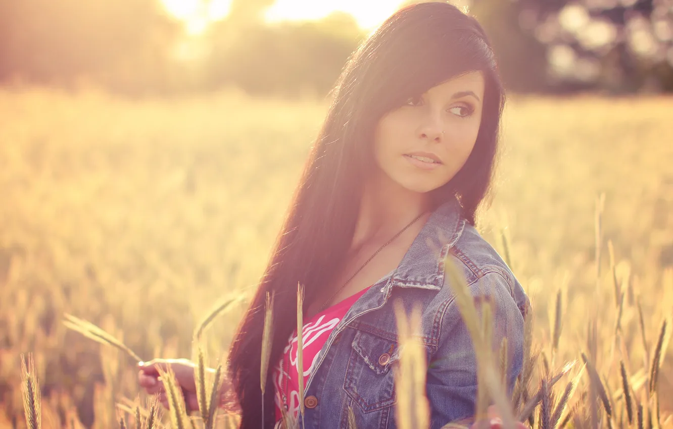 Photo wallpaper field, girl, brunette, ears, Carina, denim jacket