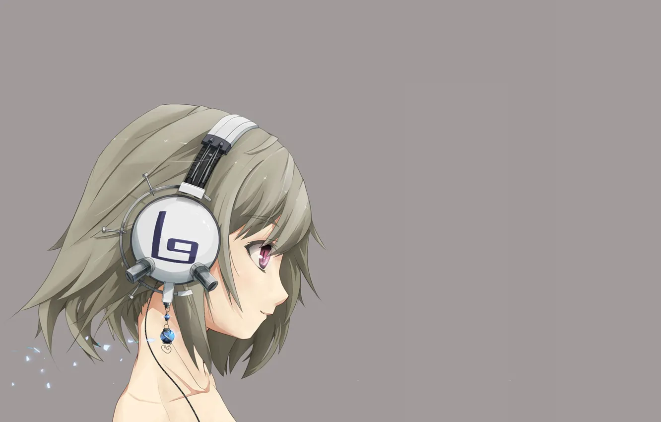 Photo wallpaper face, haircut, headphones, girl, profile, grey background, bangs