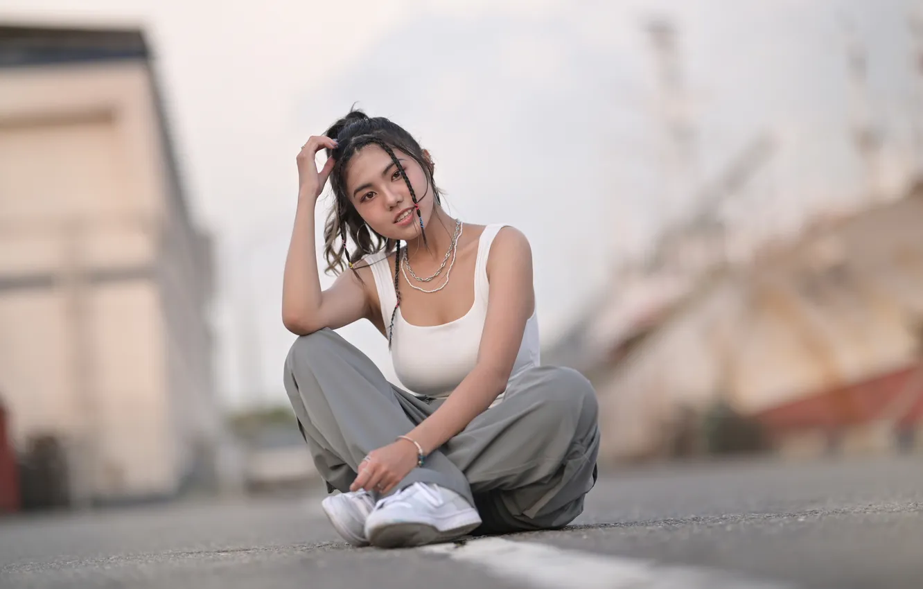 Photo wallpaper girl, street, Asian