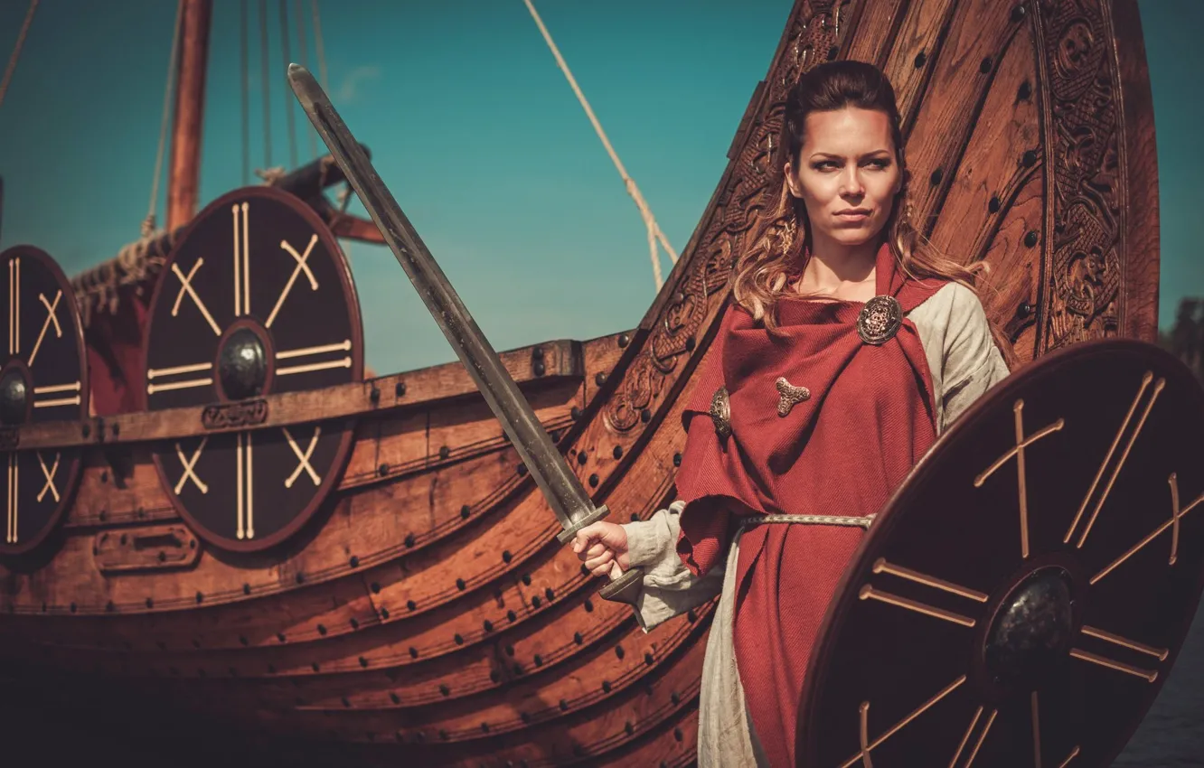 Photo wallpaper girl, ship, sword, shield