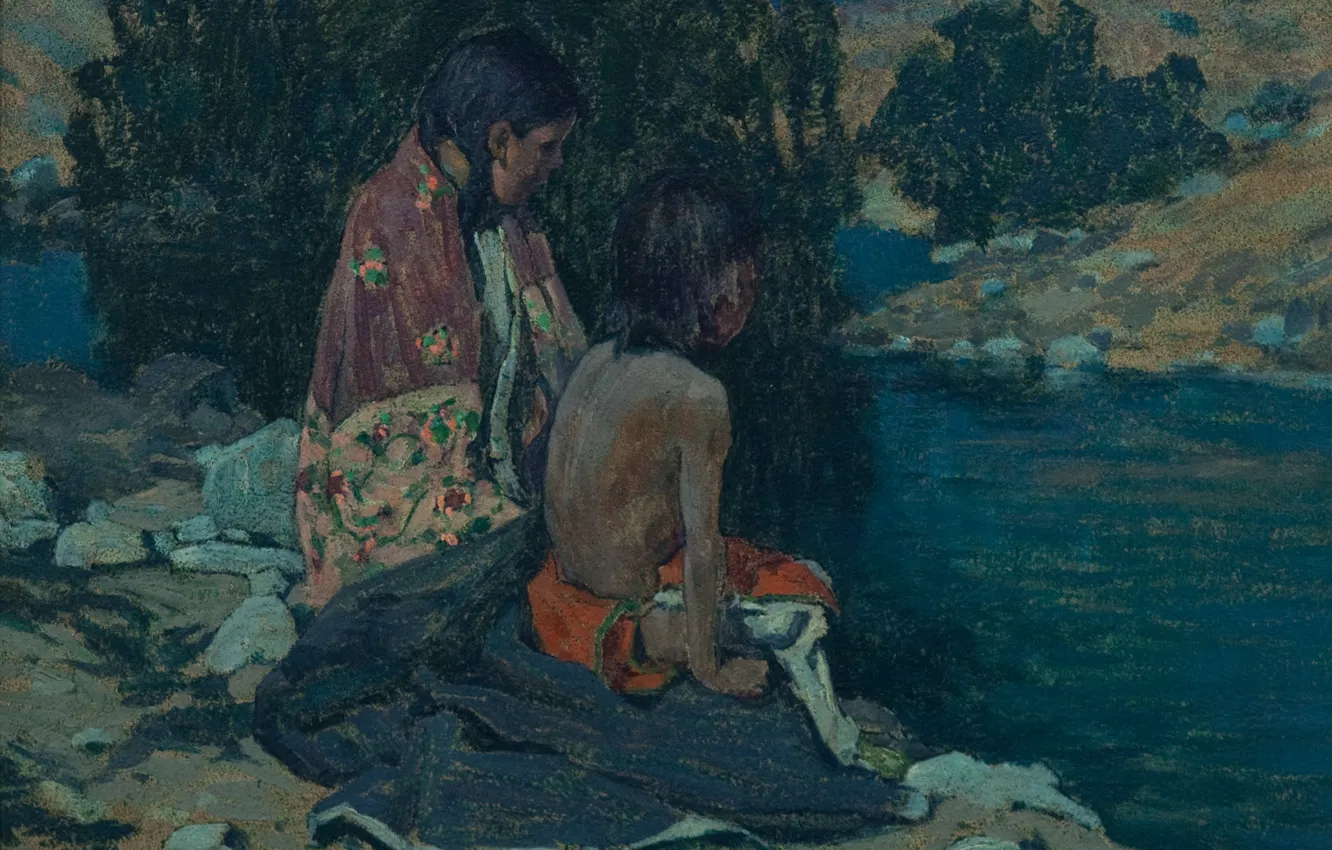 Photo wallpaper the river, Eanger Irving Couse, Two Indian Children