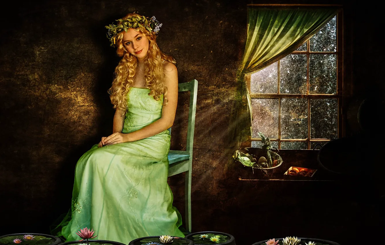 Photo wallpaper girl, flowers, room, photoart