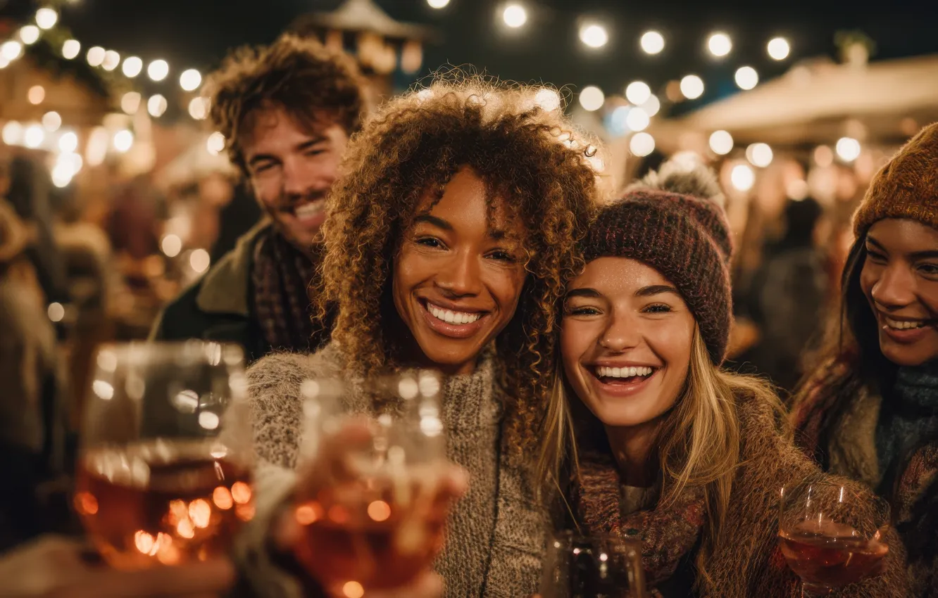 Photo wallpaper girl, joy, lights, smile, holiday, street, hat, the crowd