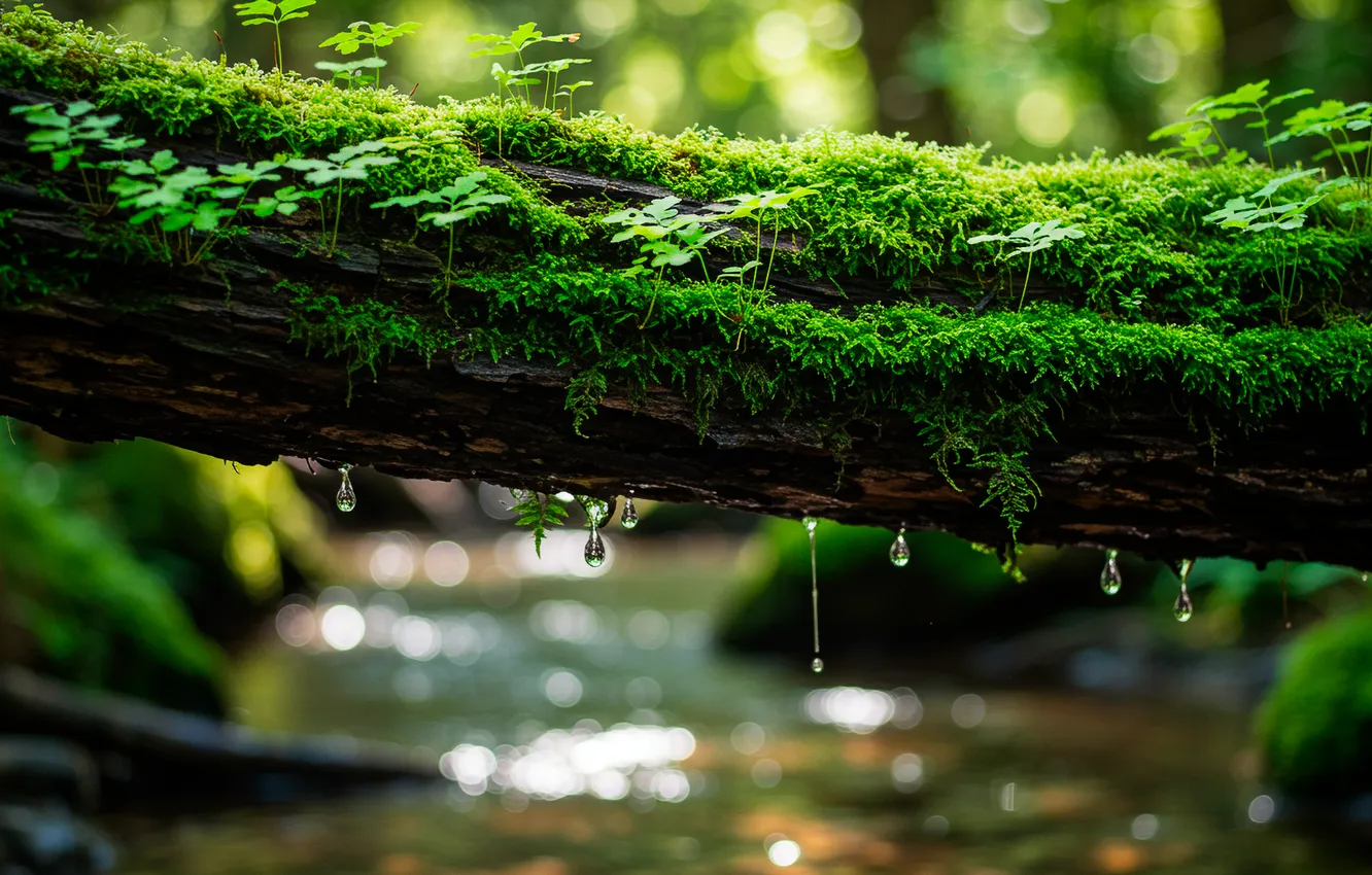 Photo wallpaper forest, drops, nature, stream, Wallpaper, moss, wallpaper, log