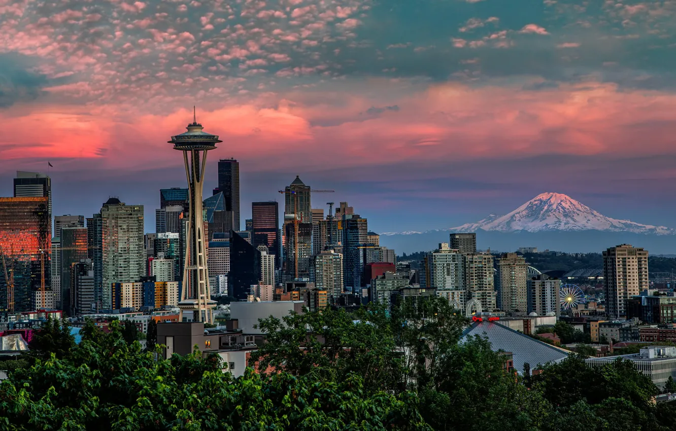 Photo wallpaper sunset, mountains, the city, building, home, skyscrapers, Seattle, USA