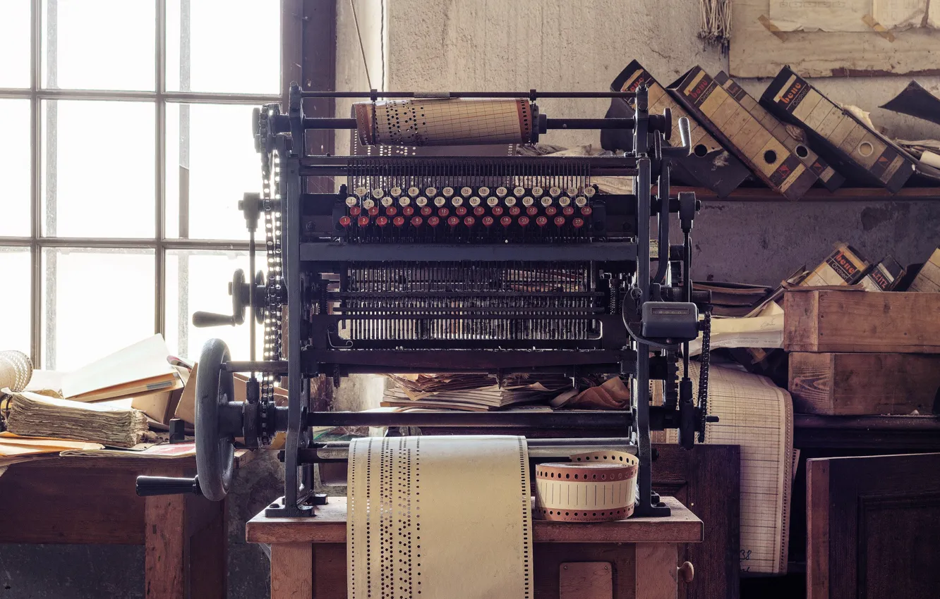 Photo wallpaper window, sunlight, abandoned, office, decay, punch cards