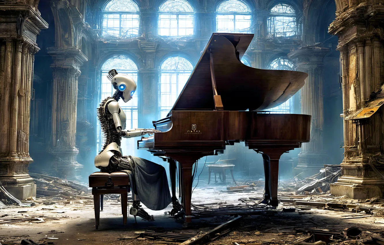 Photo wallpaper music, robot, piano, the ruins, piano, ruins, piano, Android
