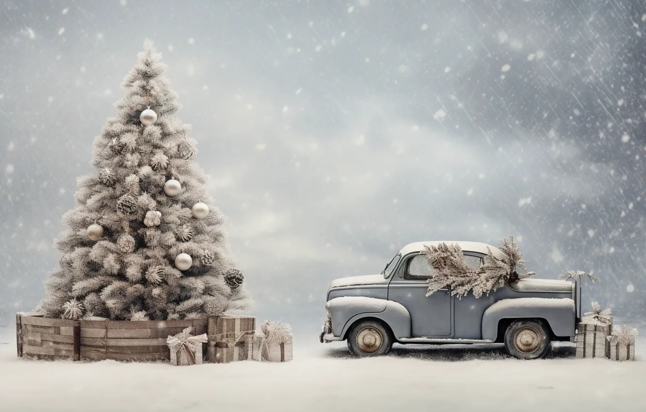 Photo wallpaper winter, car, machine, snow, decoration, gift, balls, tree