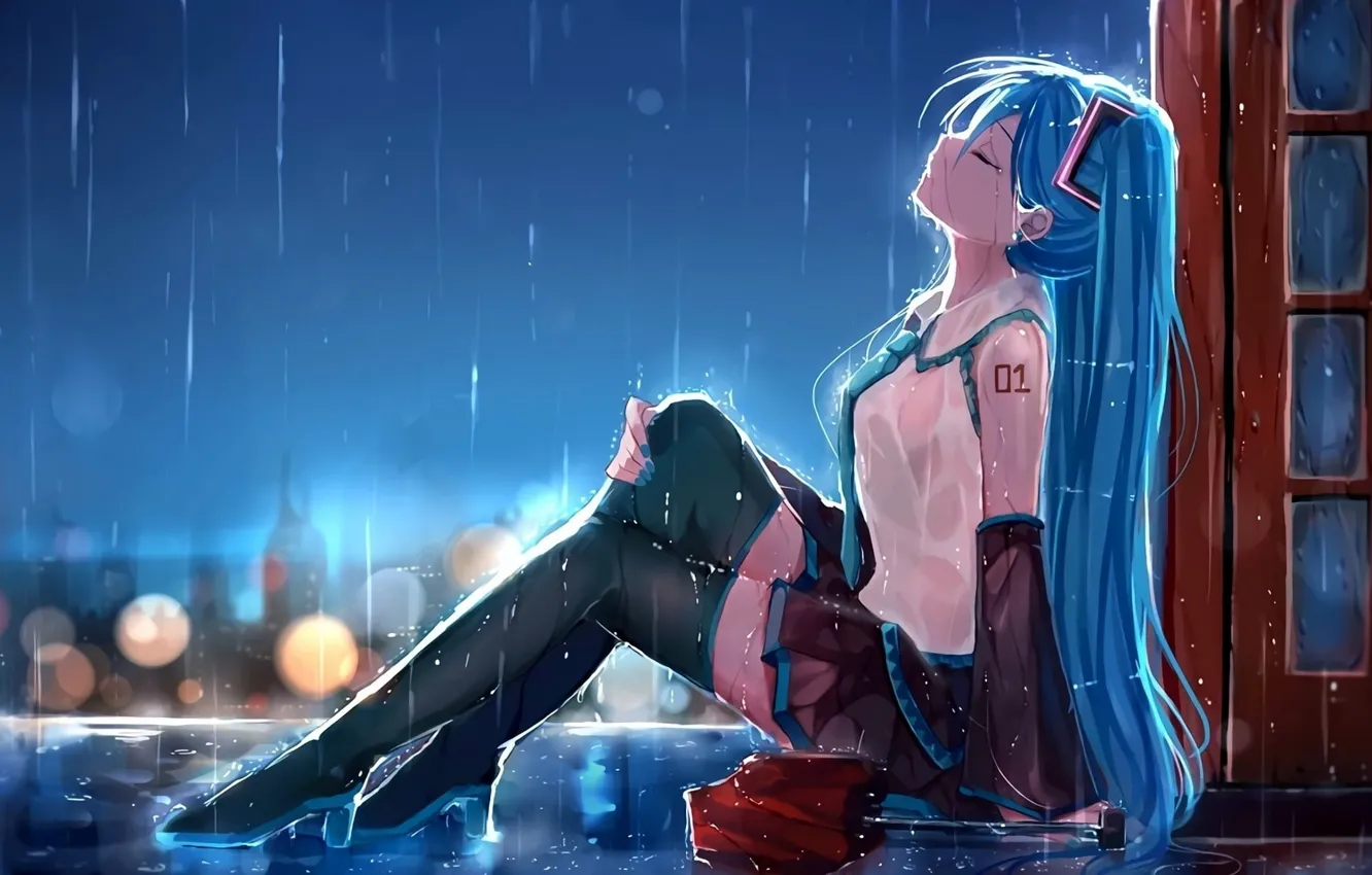 Photo wallpaper sadness, lights, loneliness, rain, resentment, Vocaloid, uniform, blue hair