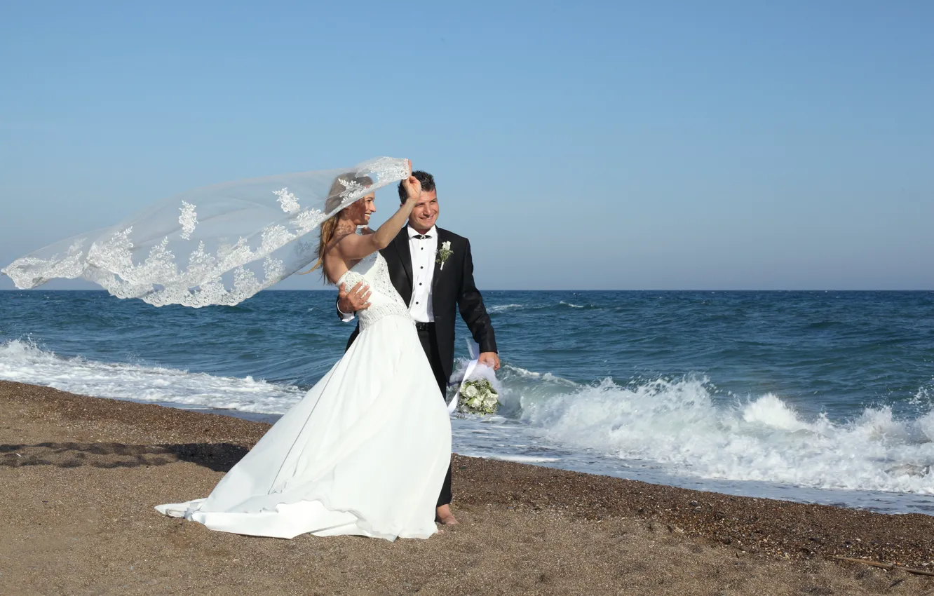 Photo wallpaper sea, wave, summer, joy, bouquet, dress, walk, the bride