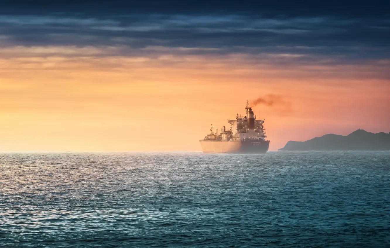 Photo wallpaper sea, sunset, ship
