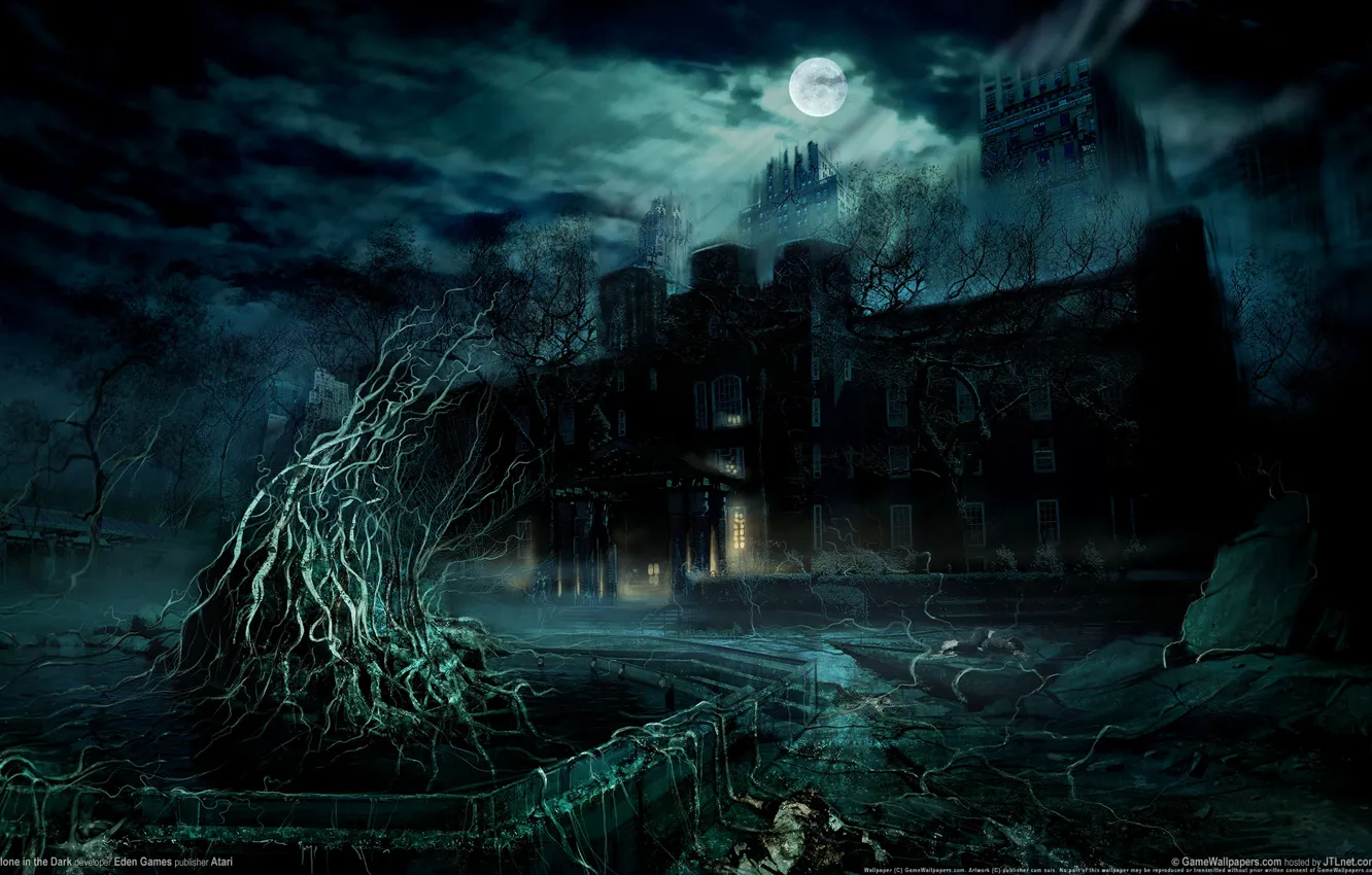 Photo wallpaper night, mystic, abandoned house, the full moon, alone in the dark