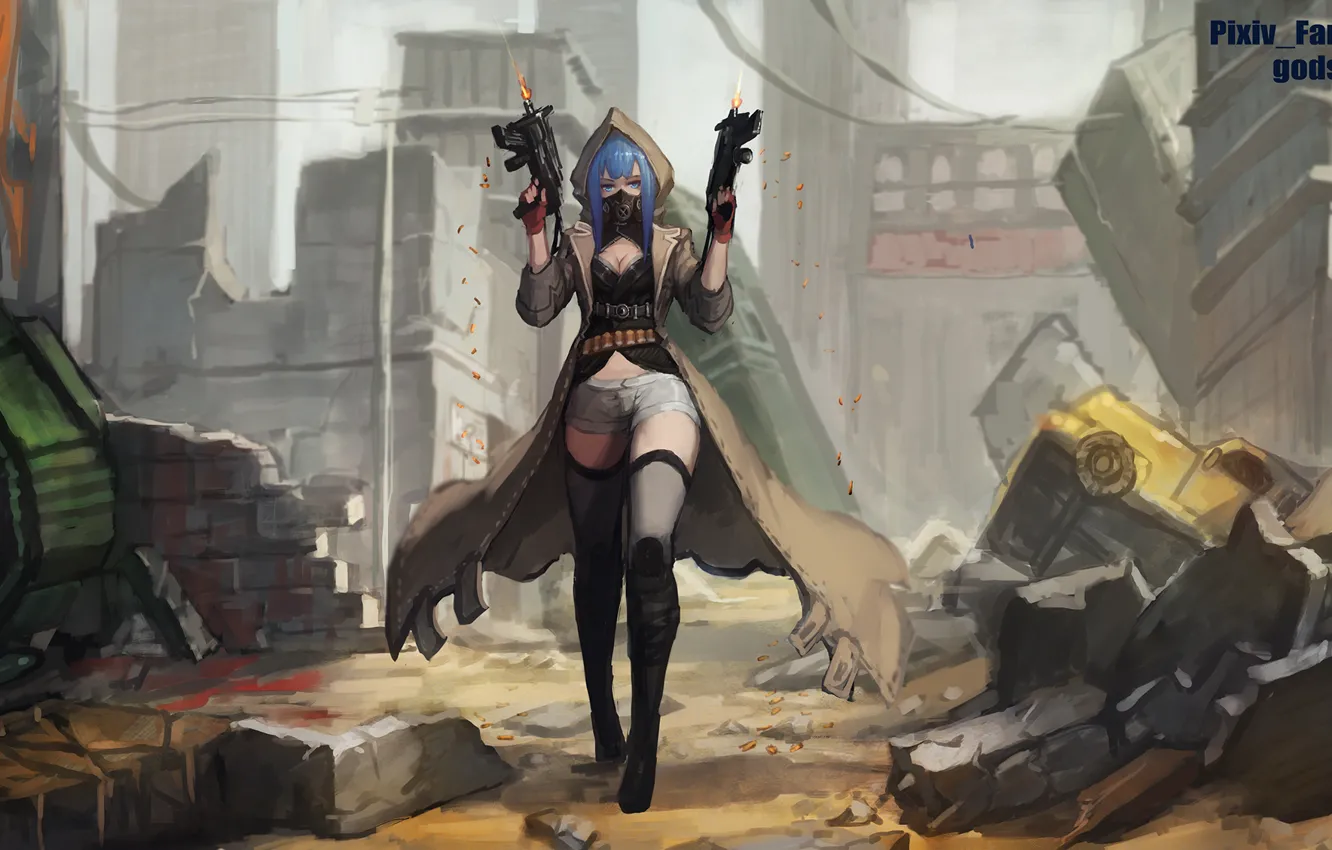 Photo wallpaper girl, weapons, destruction, sleeve, anime, art, pixiv fantasia