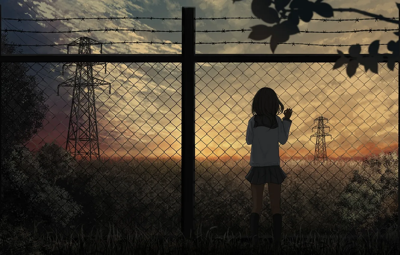 Photo wallpaper the sky, girl, clouds, sunset, nature, the fence, anime, art
