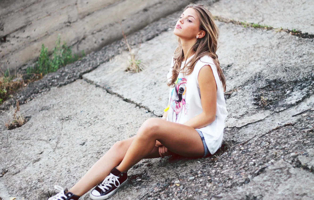 Photo wallpaper girl, sneakers, sitting