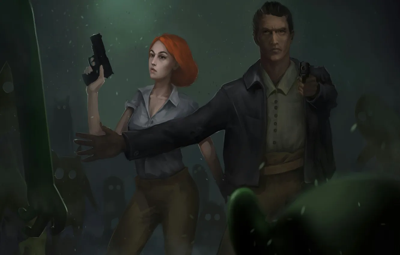 Photo wallpaper girl, gun, monster, male