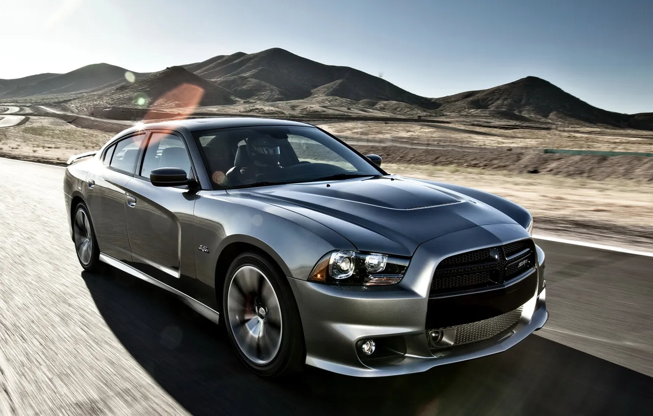 Photo wallpaper road, the sun, glare, grey, hills, Dodge, SRT8, Dodge