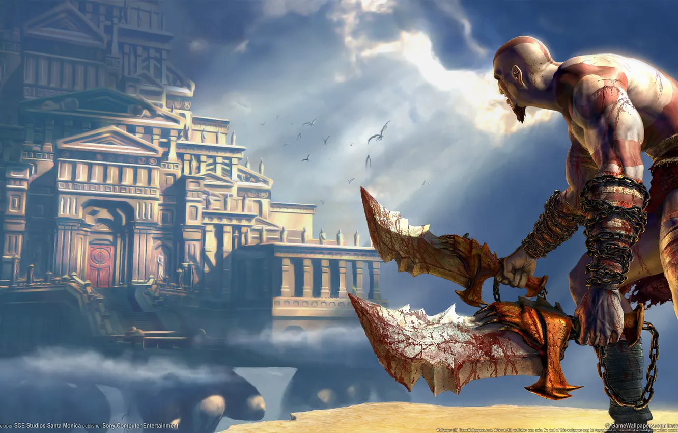 Photo wallpaper clouds, castle, God of war 2, Kratos